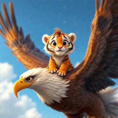 The primary subject of the image is a cartoon tiger riding on the back of a bird, specifically an eagle. The setting is a blue sky, and the visual style is a digital art or illustration. The colors are predominantly blue and orange, creating a lively and vibrant atmosphere.